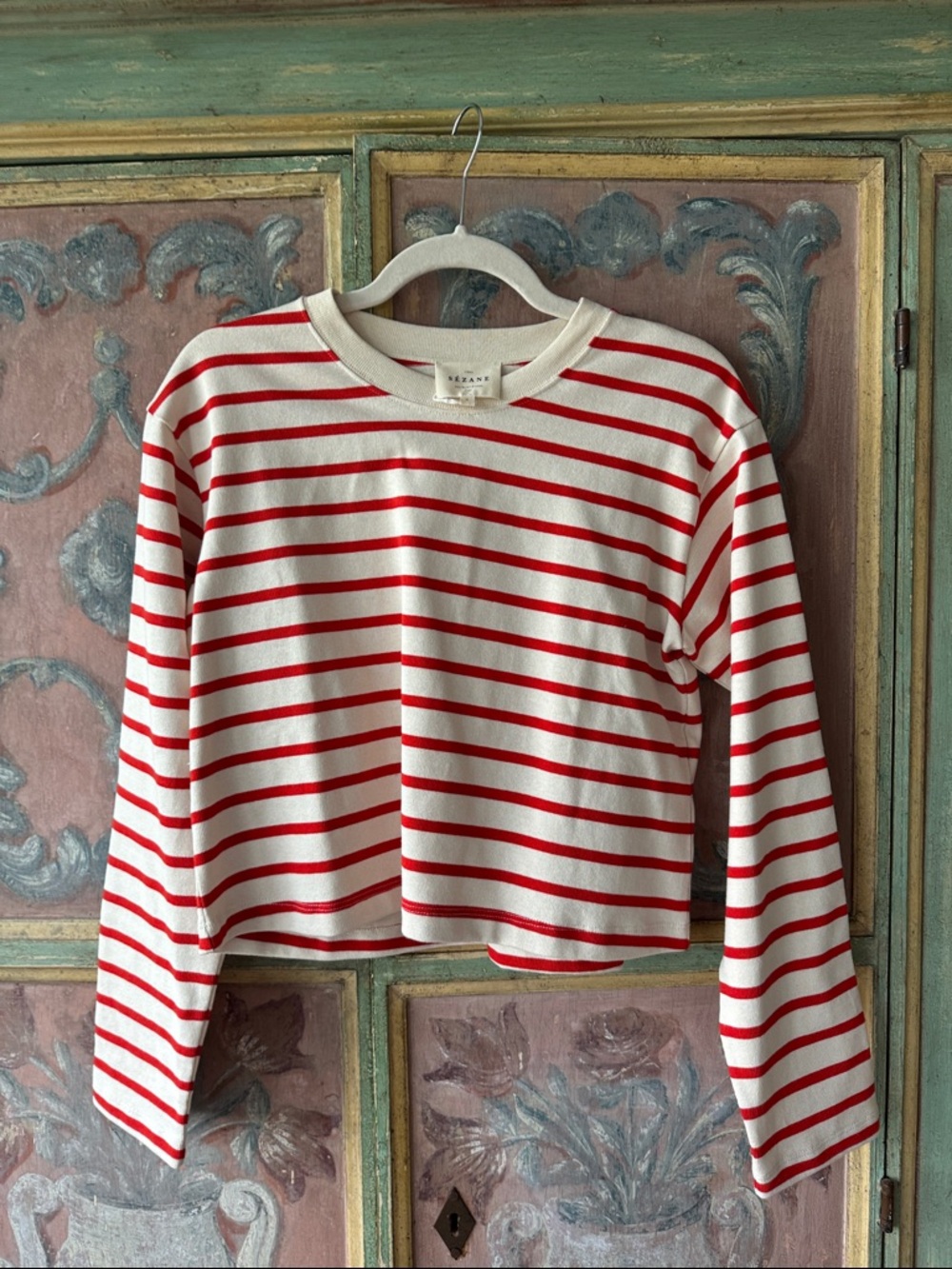 Sezane Red & White Striped Long-Sleeve Cotton Top